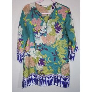 CAbi Silk Floral Tunic Blouse Size S Teal Pink Boho Border Print Lightweight